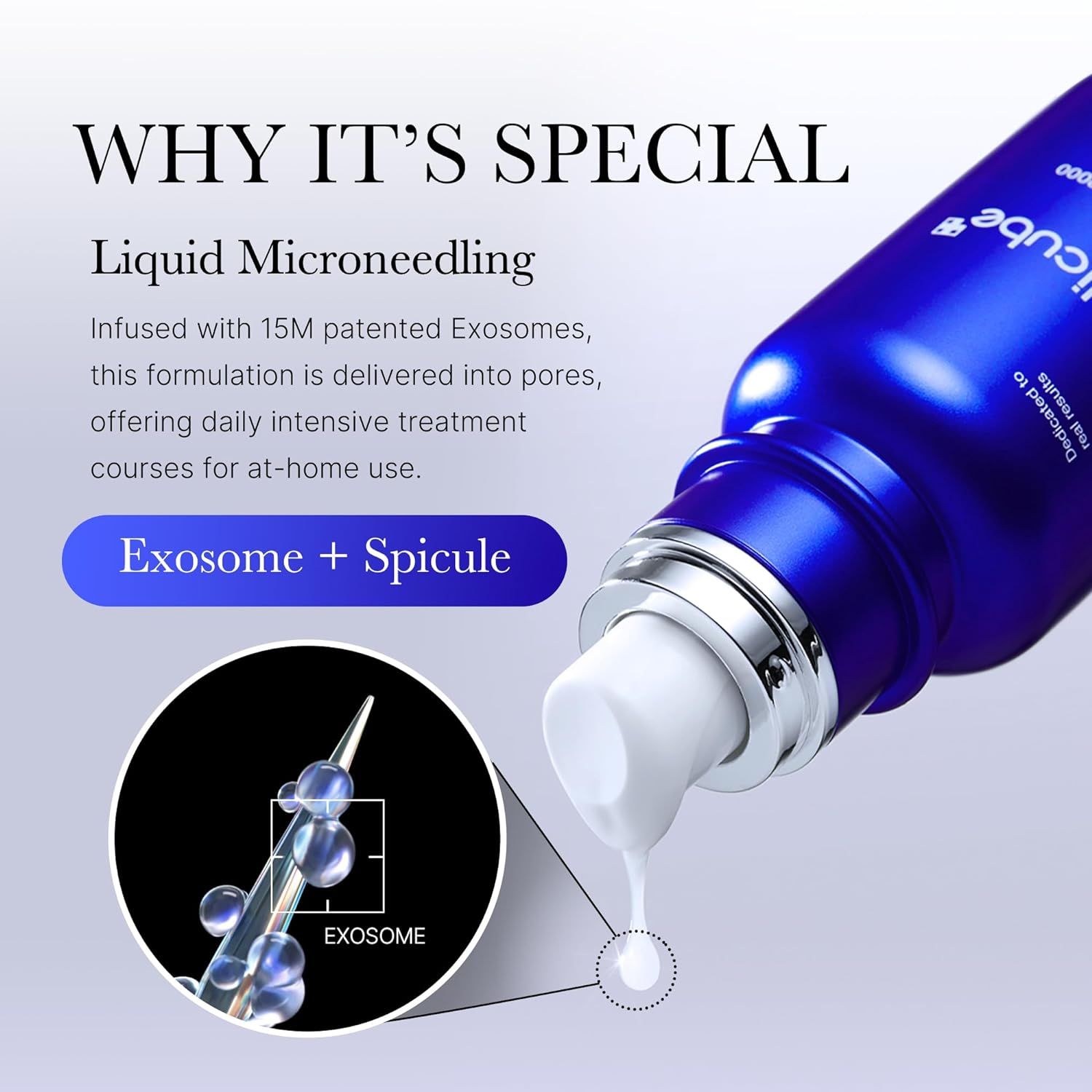 Blauwe fles met applicator. Product wordt aangebracht. Tekst: Liquid Microneedling, Exosome + Spicule.