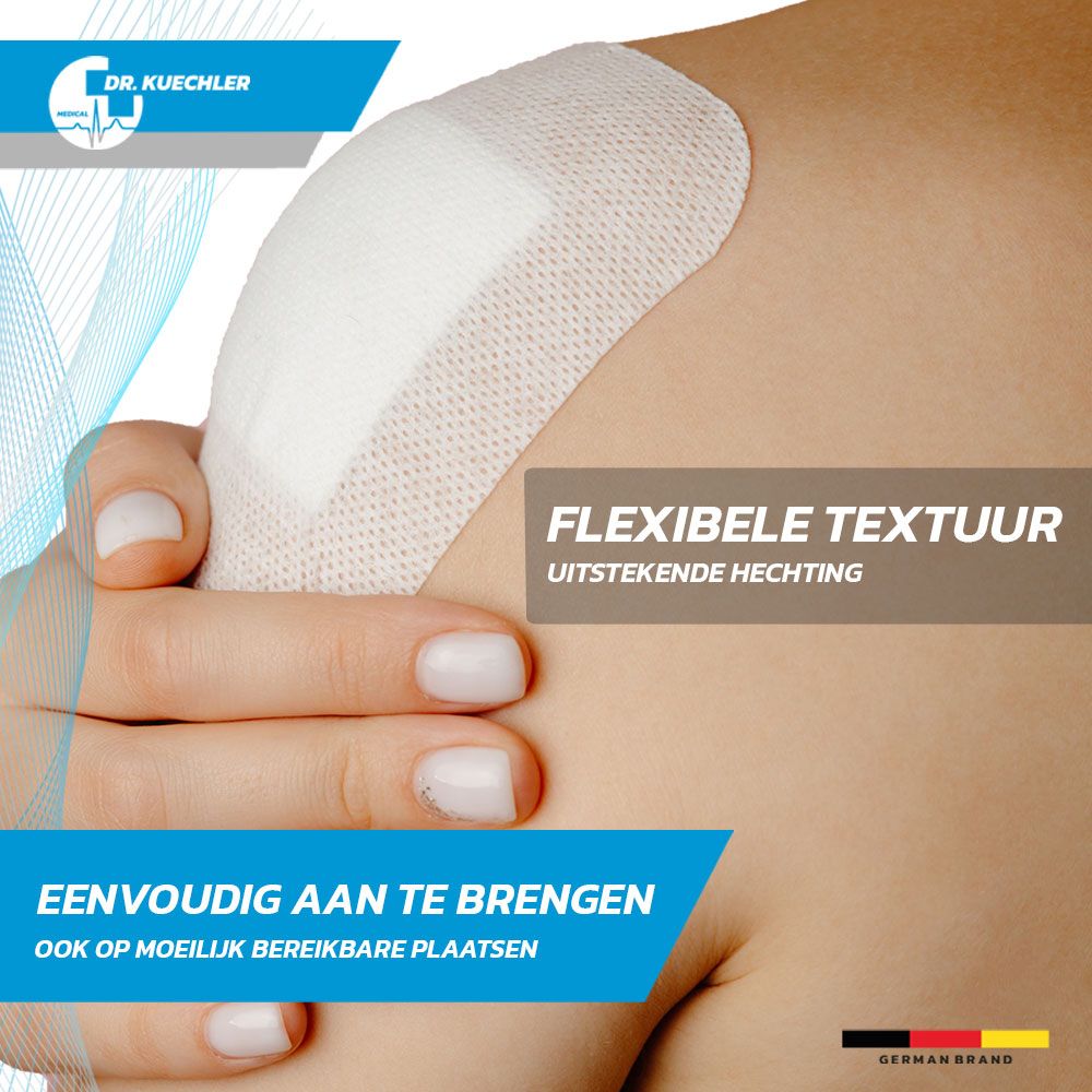 Pleister op schouder. Flexibele textuur, goede hechting. Merk: Dr. Kuechler. Gemakkelijk aan te brengen.