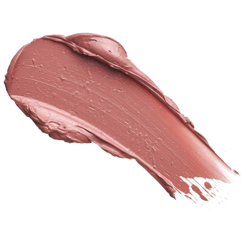 Étalement de rouge à lèvres crème rose. Texture visible. Fond blanc.