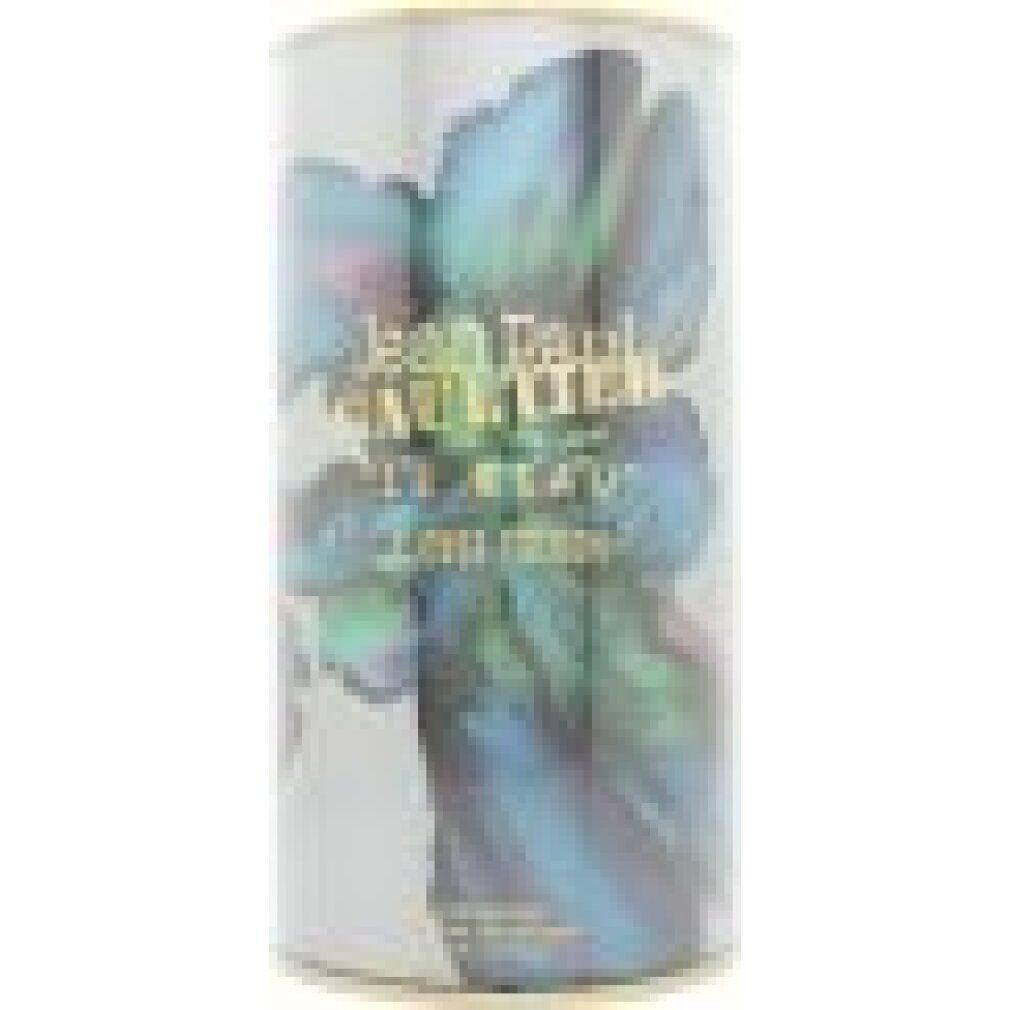 Emballage cylindrique avec motif floral bleu-vert. Texte: Jean Paul Gaultier, Le Beau Flower Edition.