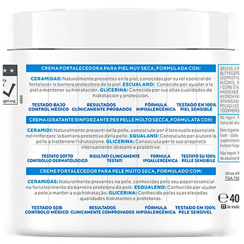 Pot blanc avec texte bleu. Mixa, Ceramide Protect, 10% Glycérine, Squalane & Céramides. Pour peaux sèches.