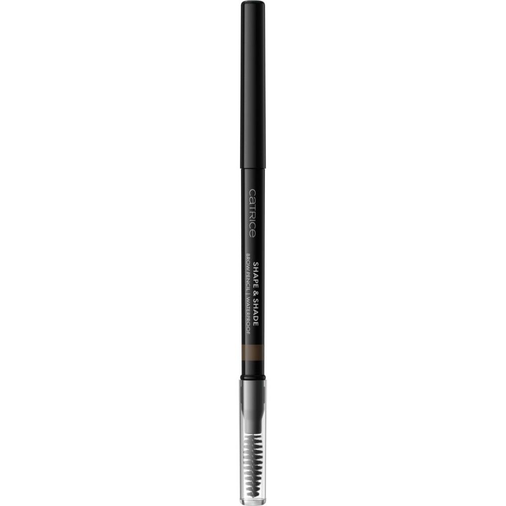 Crayon à sourcils noir avec brosse et embout argenté. Inscription Shape & Shade Waterproof. Marque Catrice.
