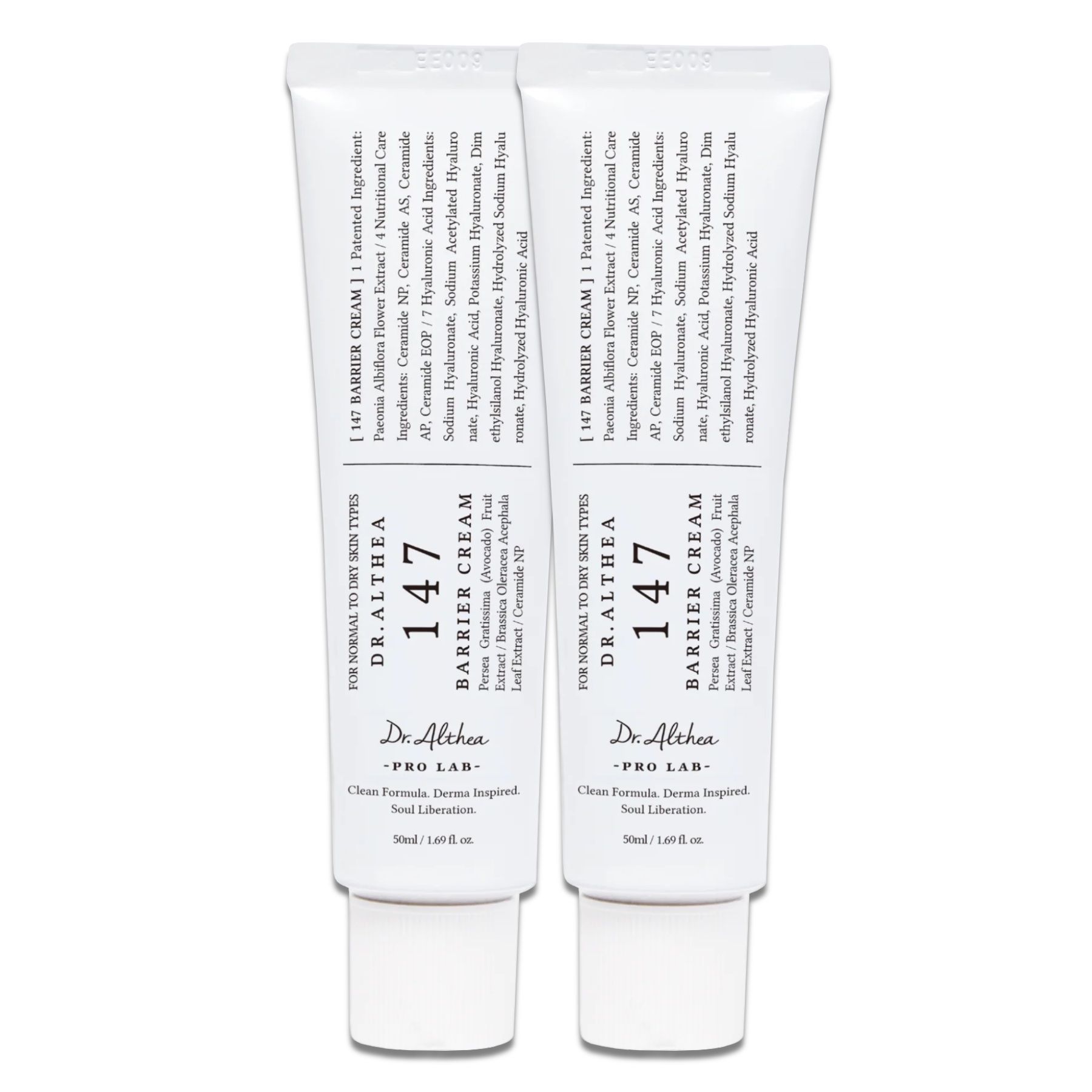 Deux tubes de Dr. Althea 147 Barrier Cream. Tubes blancs avec texte noir. Nom du produit et ingrédients visibles.