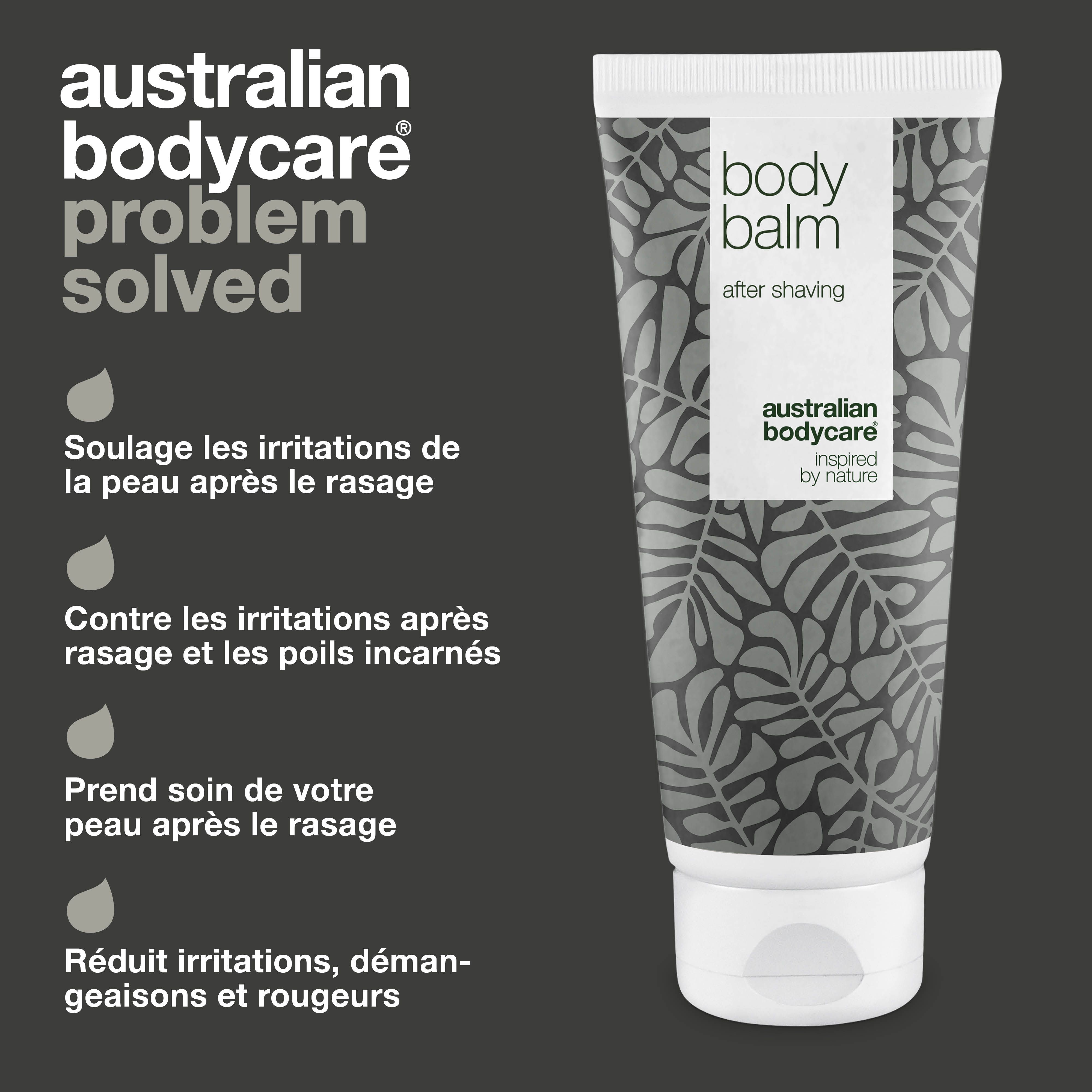 Tube de baume après-rasage avec texte. Inscription : Body Balm, After Shaving, Australian Bodycare, inspiré par la nature.
