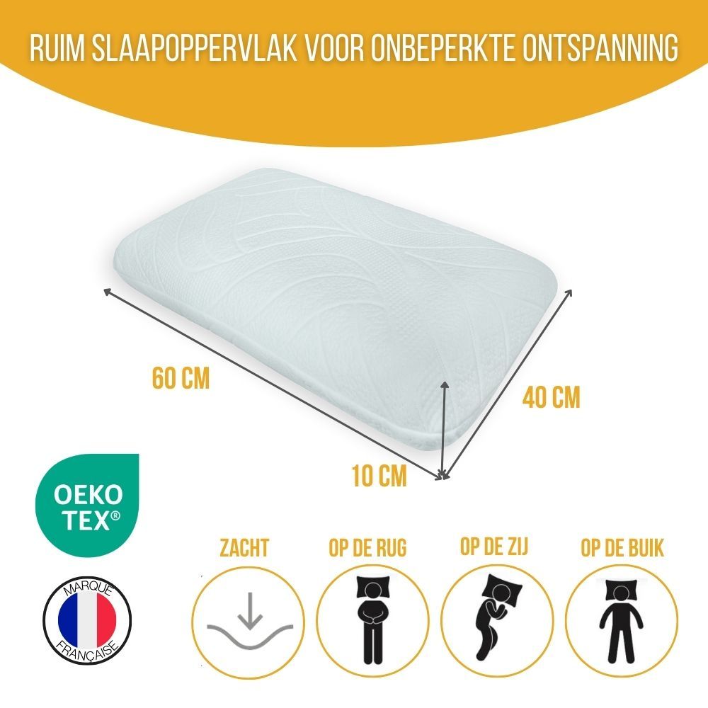 Kussen met afmetingen 60x40x10 cm. Oeko-Tex-certificering. Voor rug-, zij- en buikslapers.