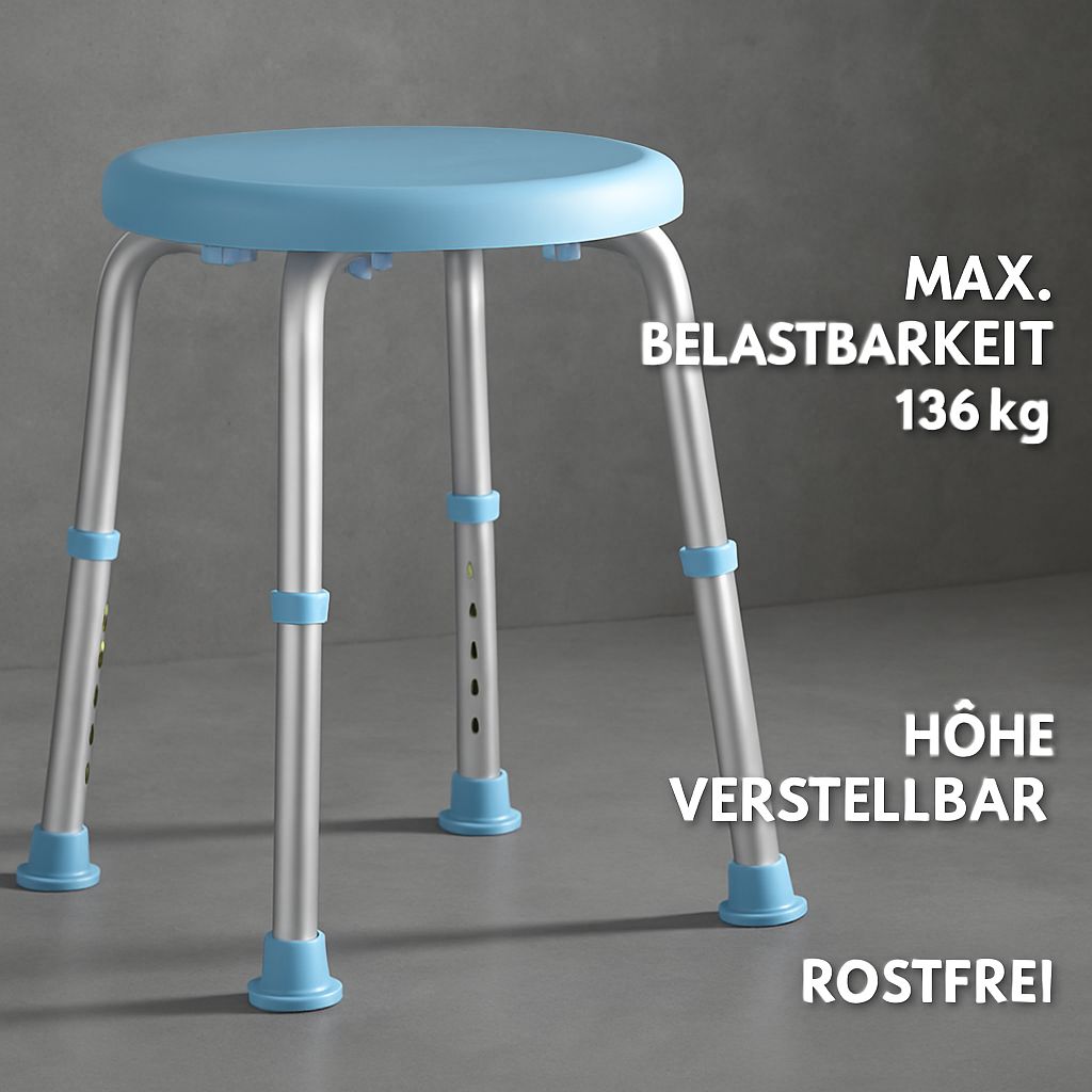 Douchekruk, blauw en zilver. Max. draagvermogen 136 kg. In hoogte verstelbaar, roestvrij.