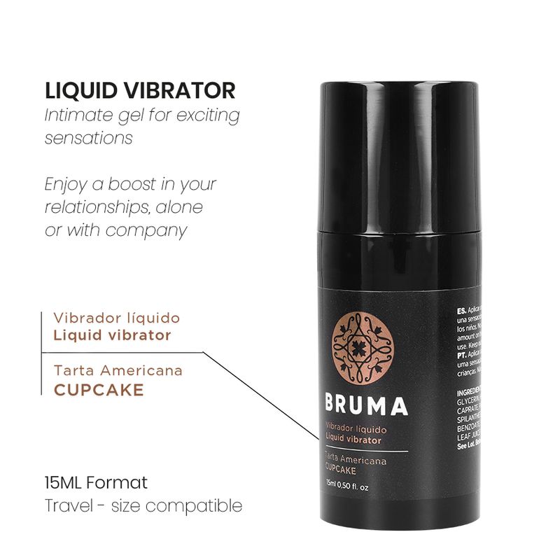 Bruma vloeibare vibrator Cupcake, 15ml. Zwarte fles met dispenser en etiket. Tekst: 'LIQUID VIBRATOR'.