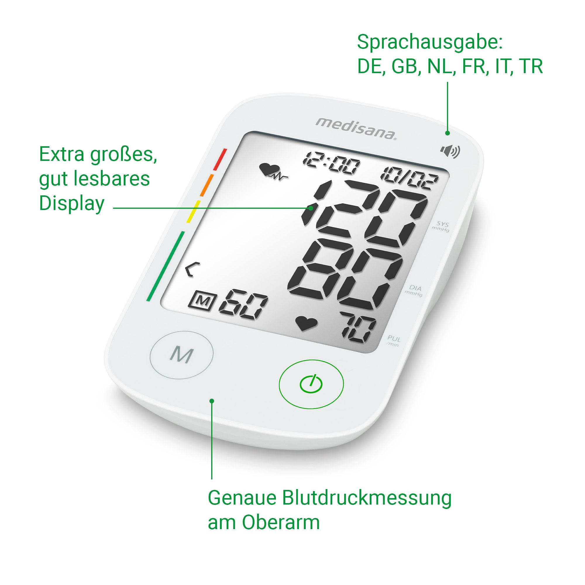 Medisana bloeddrukmeter met groot display, kleurenschaal en spraakuitvoer.