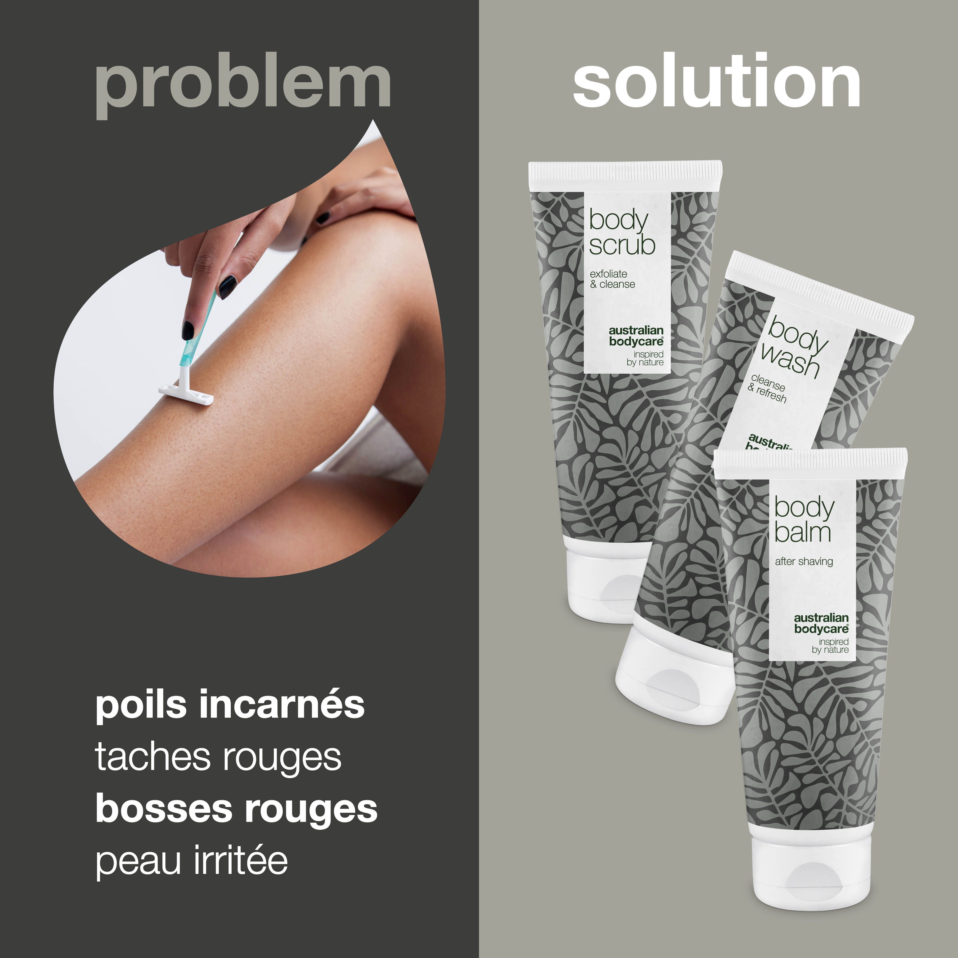 Illustration : rasage des jambes. Problème : boutons, rougeurs. Solution : Body Scrub, Body Wash, Body Balm.