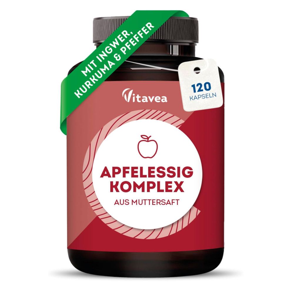Bruine fles met groene banderol. Opschrift: Apfelessig Komplex aus Muttersaft. 120 capsules.