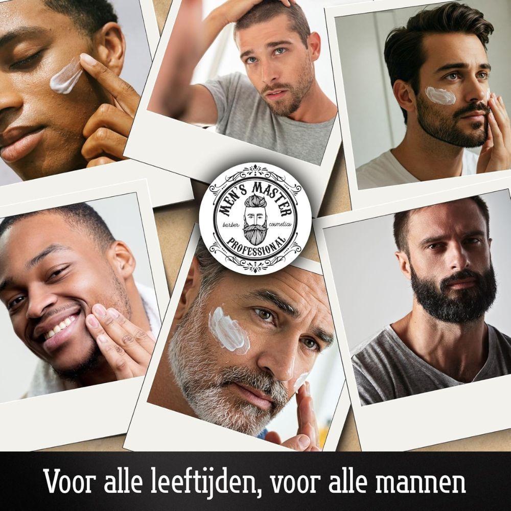 Meerdere mannen brengen crème aan. Tekst: Voor alle leeftijden, voor alle mannen.