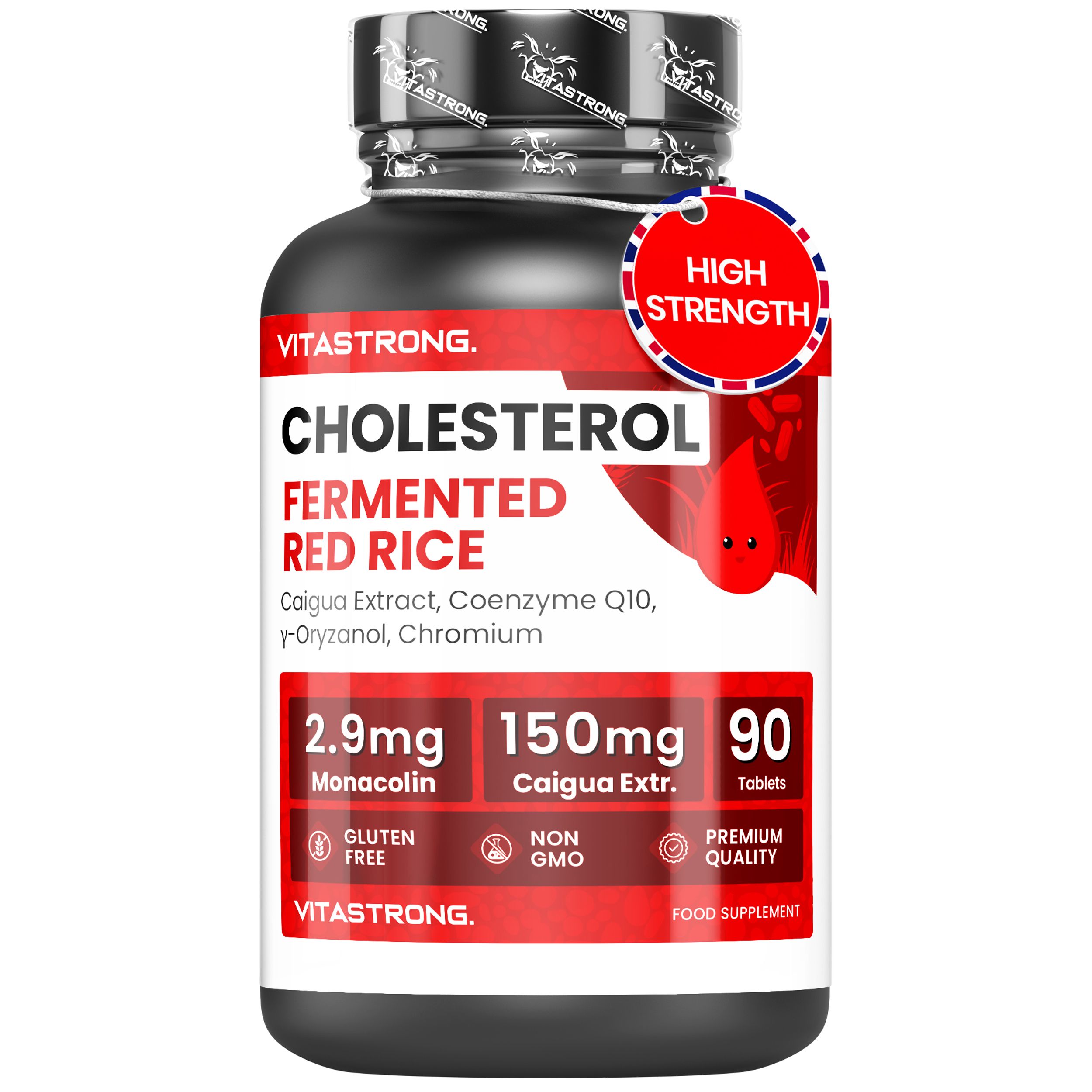 Vitastrong Cholesterin, 90 tabletten. Zwarte fles met rood etiket. Bevat 2,9mg Monacoline en 150mg Caigua Extr.