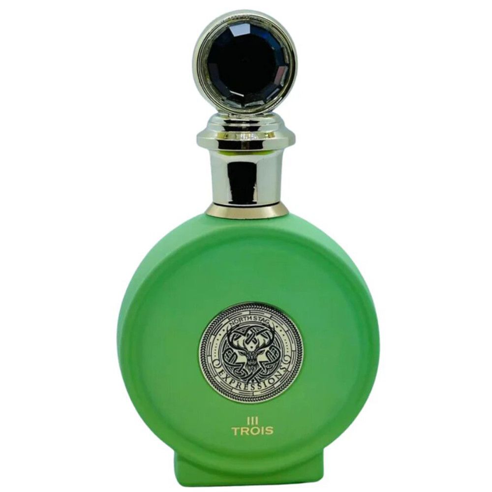Flacon de parfum vert, design rond, bouchon doré. Inscription: III TROIS. Logo avec deux animaux.
