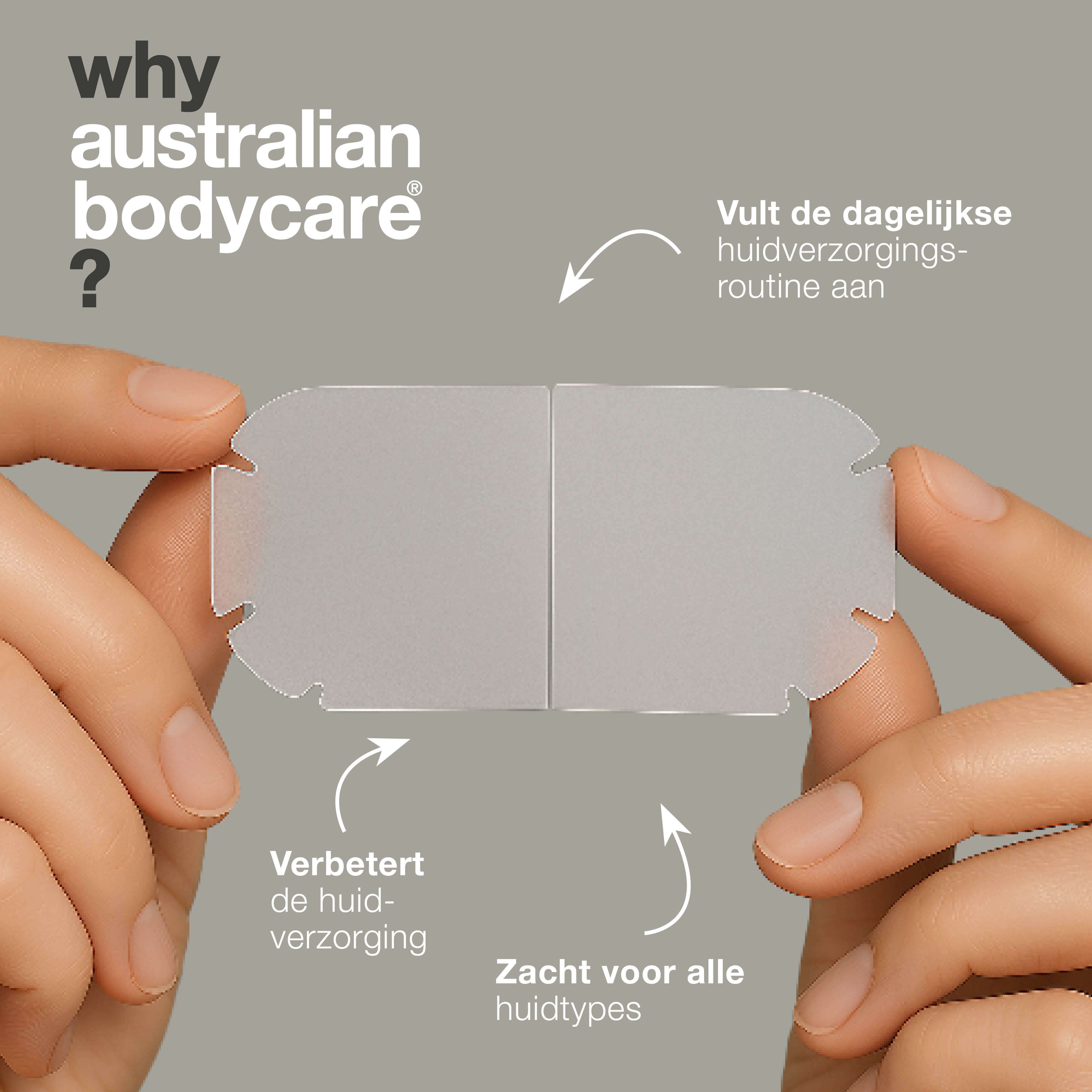 Handen houden twee transparante pleisters vast. Tekst: 'Waarom Australian Bodycare?' en voordelen.