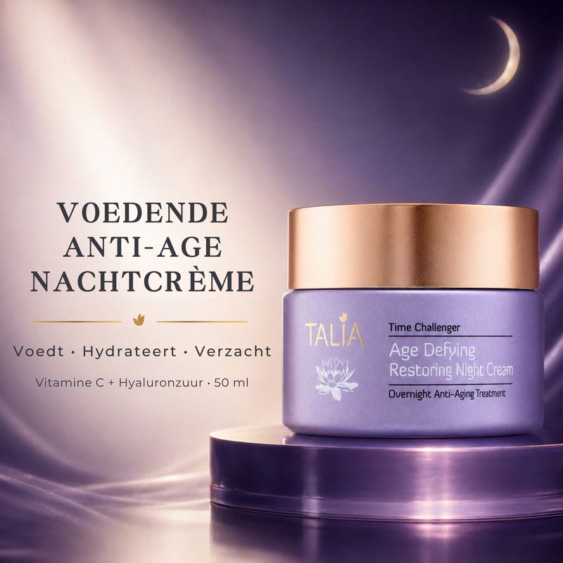 Pot nachtcrème 'Talia Time Challenger Age Defying Restoring Night Cream' met tekst over ingrediënten.