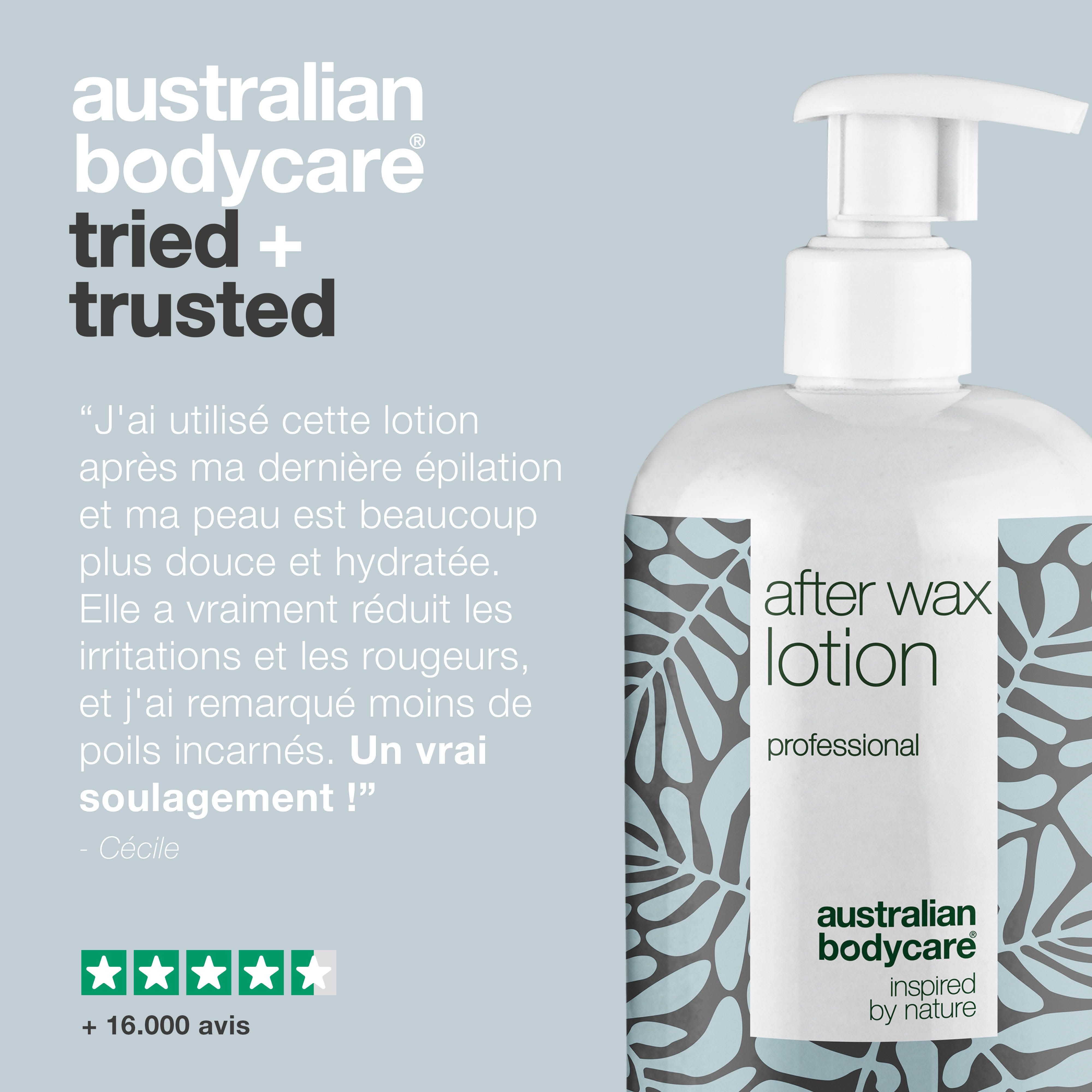 Flacon et texte. Texte : After Wax Lotion apaise, pas de rougeurs, pas de poils incarnés.