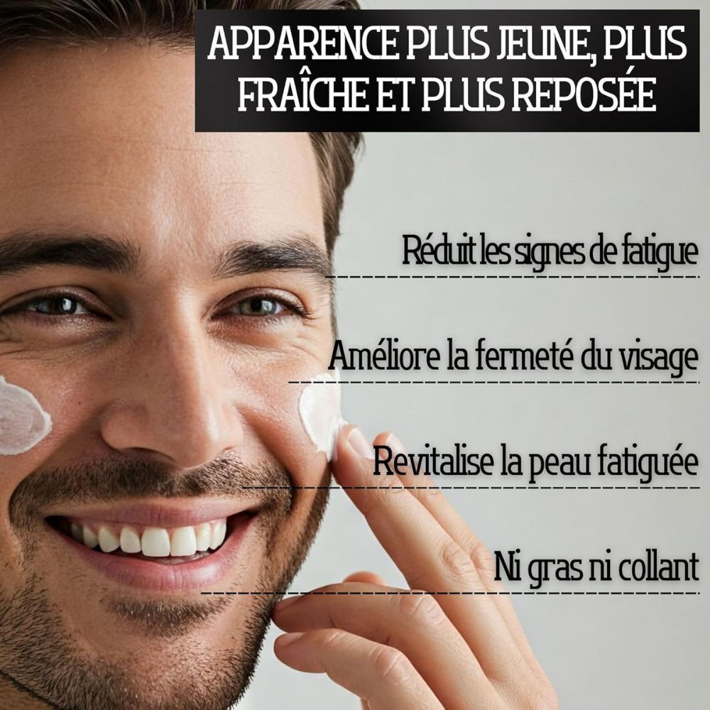 Homme appliquant de la crème. Texte : Apparence plus jeune. Réduit la fatigue.