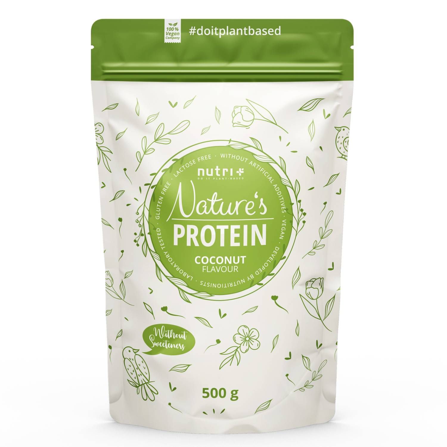 Zakje Nature's Protein kokossmaak. Opschrift: zonder zoetstoffen, glutenvrij, lactosevrij, vegan.