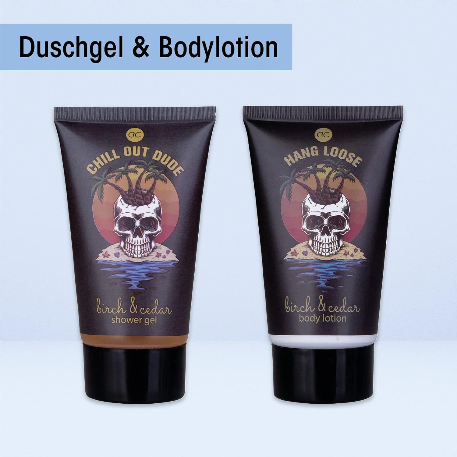 Deux tubes: gel douche 'Chill Out Dude' et lotion corporelle 'Hang Loose', avec motif tête de mort et inscription 'birch & cedar'.