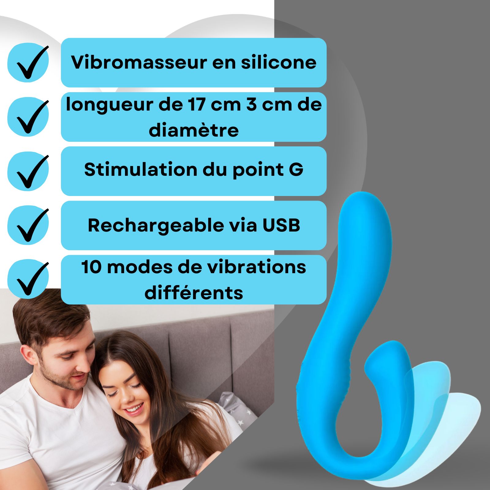 Vibrateur bleu avec texte. Silicone, 17 cm, 3 cm de diamètre, stimulation point G, rechargeable USB, 10 modes.