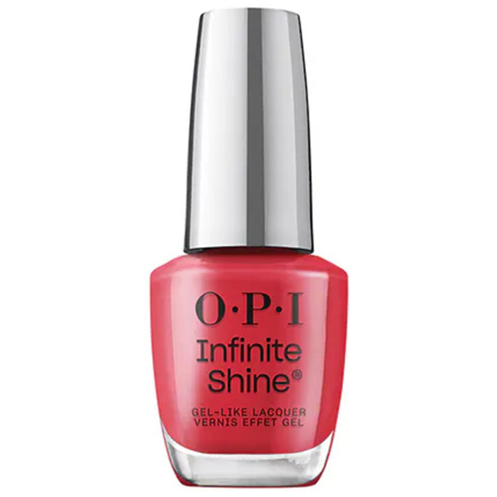 OPI Infinite Shine nagellakfles in koraal met zilveren dop.