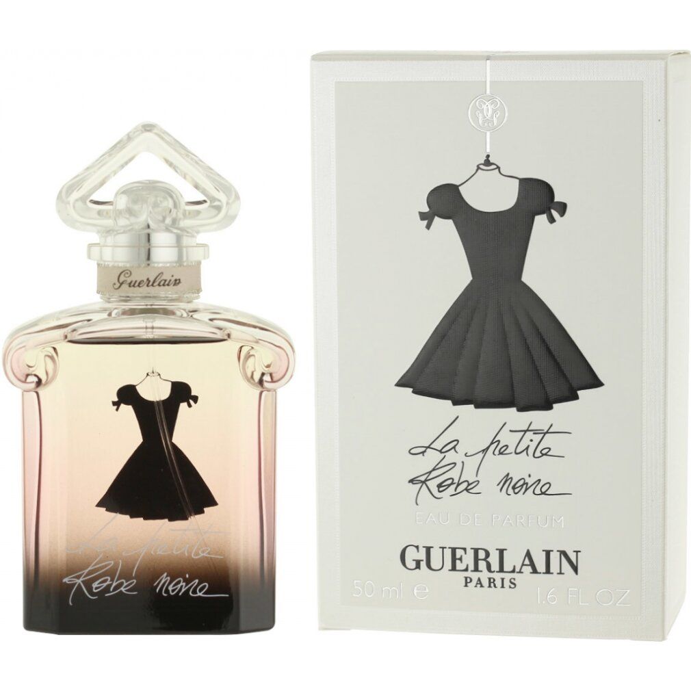 Flacon de parfum et emballage. Flacon avec motif robe. Emballage avec illustration de robe. Logo Guerlain.
