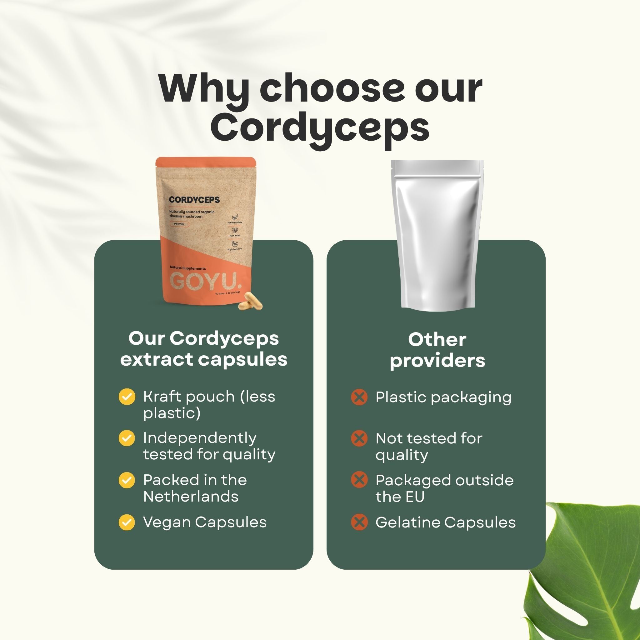 Comparaison : Nos gélules Cordyceps (kraft, testé, NL) vs autres (plastique, non testé, hors UE).