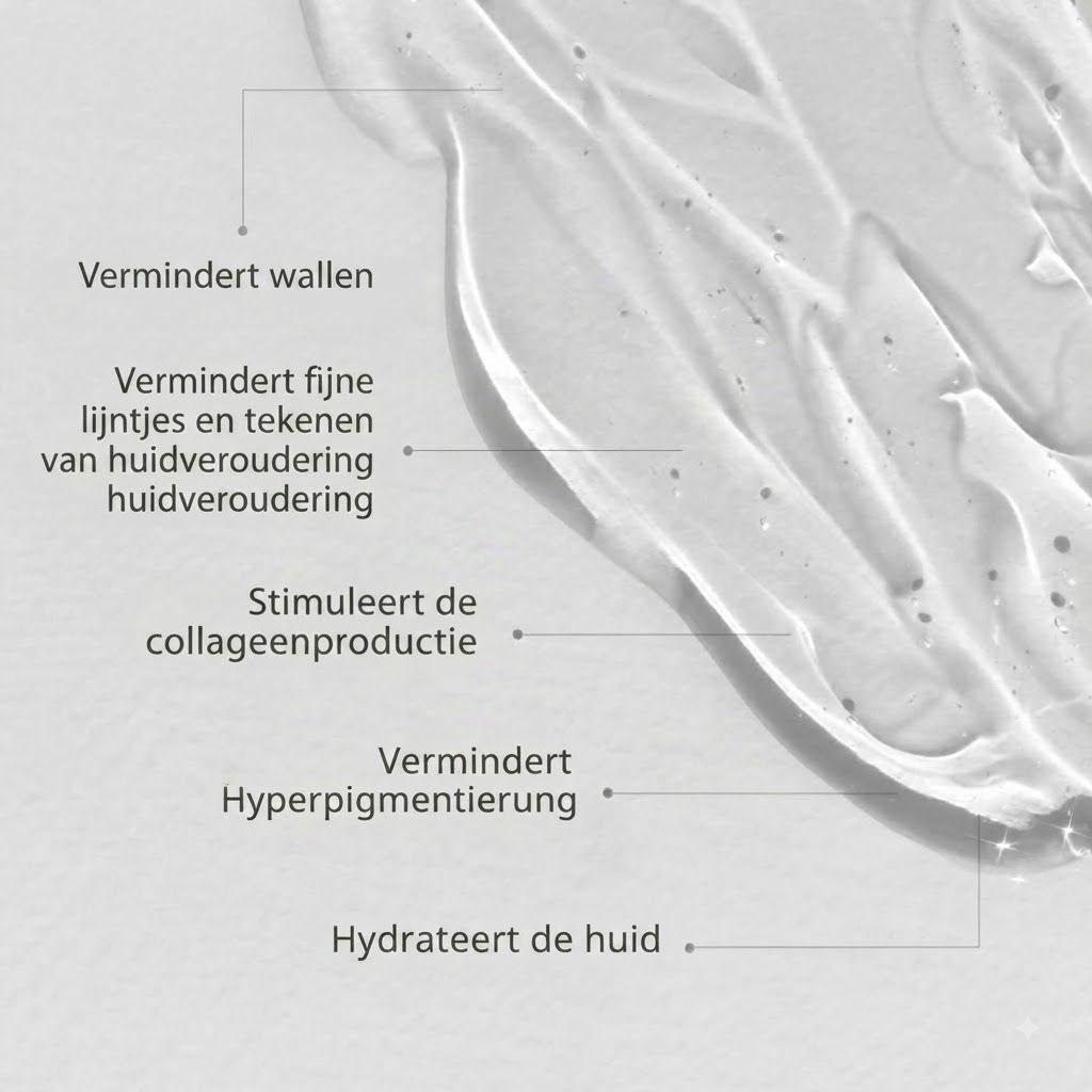 Heldere geltextuur met labels over huidverzorgingsvoordelen zoals collageenproductie en hydratatie.