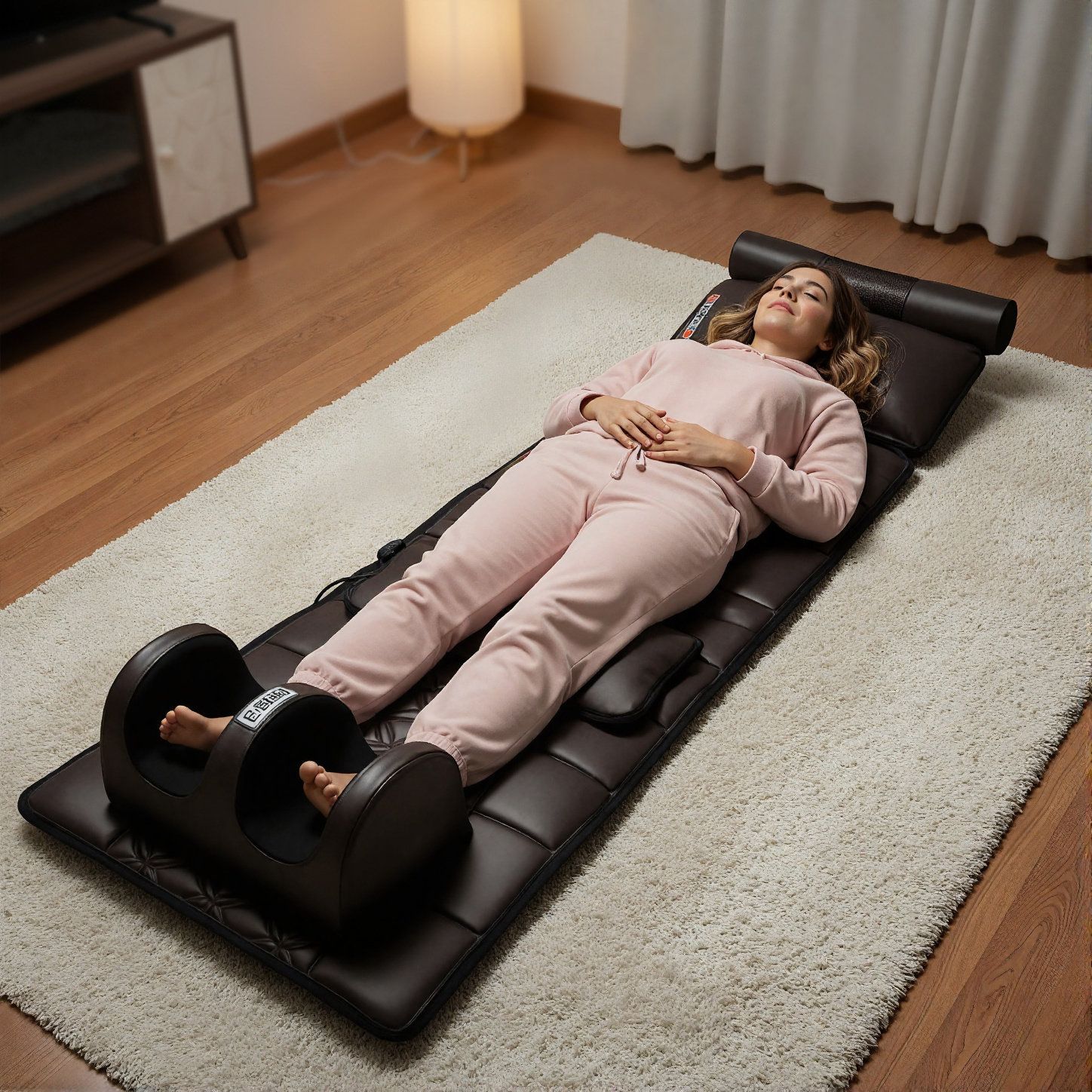 Een vrouw ligt op een bruine massagemat. Ze draagt een roze trainingspak. De mat heeft een voetsteun.