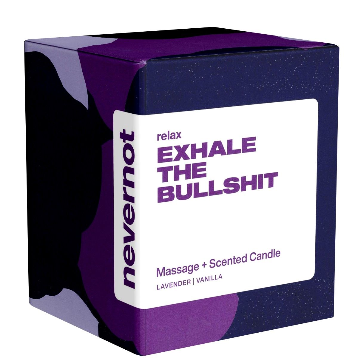 Vierkante verpakking, donkerblauw met paarse accenten. Opschrift: "relax EXHALE THE BULLSHIT Massage + Scented Candle". Merk: nevernot.
