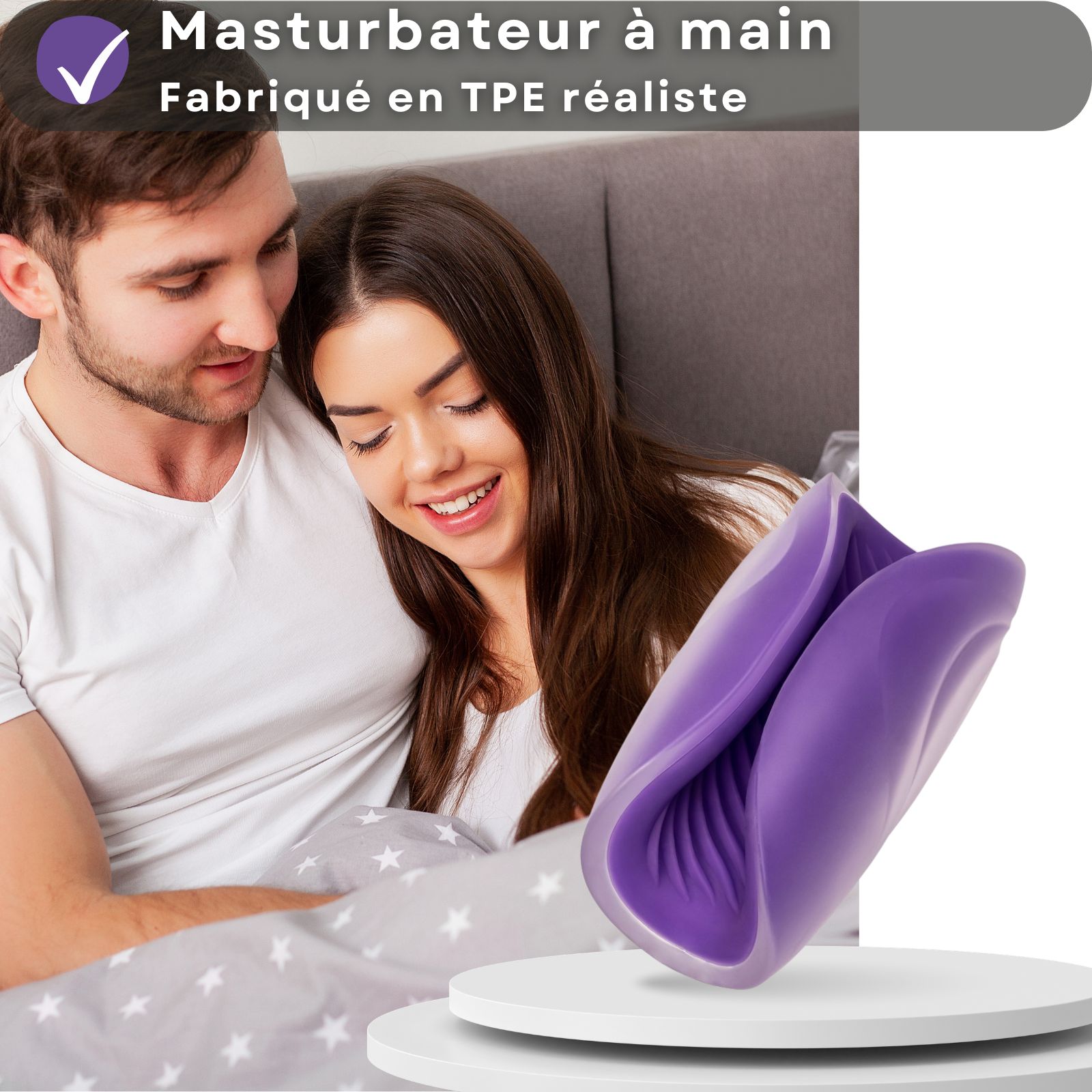 Masturbateur violet. En TPE. Rainuré. Sur socle.