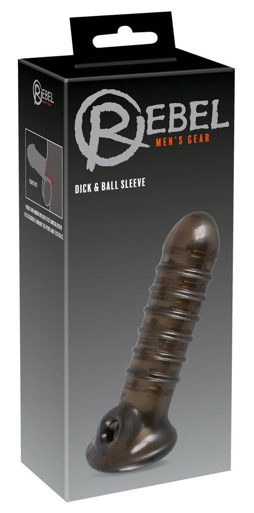 Zwarte penishoes met opening voor de testikels in verpakking. Opschrift: Rebel, Dick & Ball Sleeve.