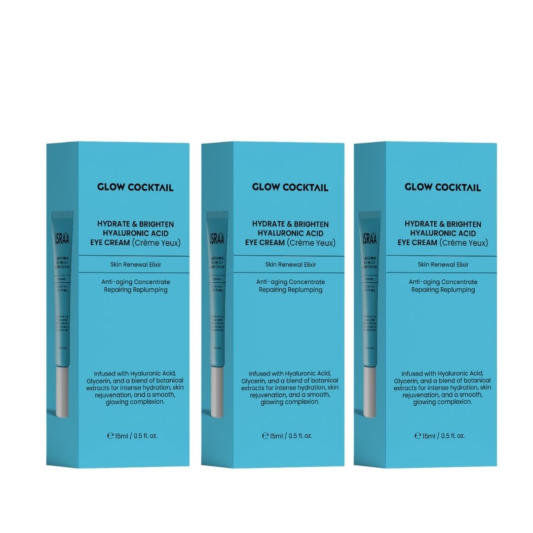 Trois boîtes. Inscription : Glow Cocktail, Hydrate & Brighten Hyaluronic Acid Eye Cream. Emballage bleu clair.