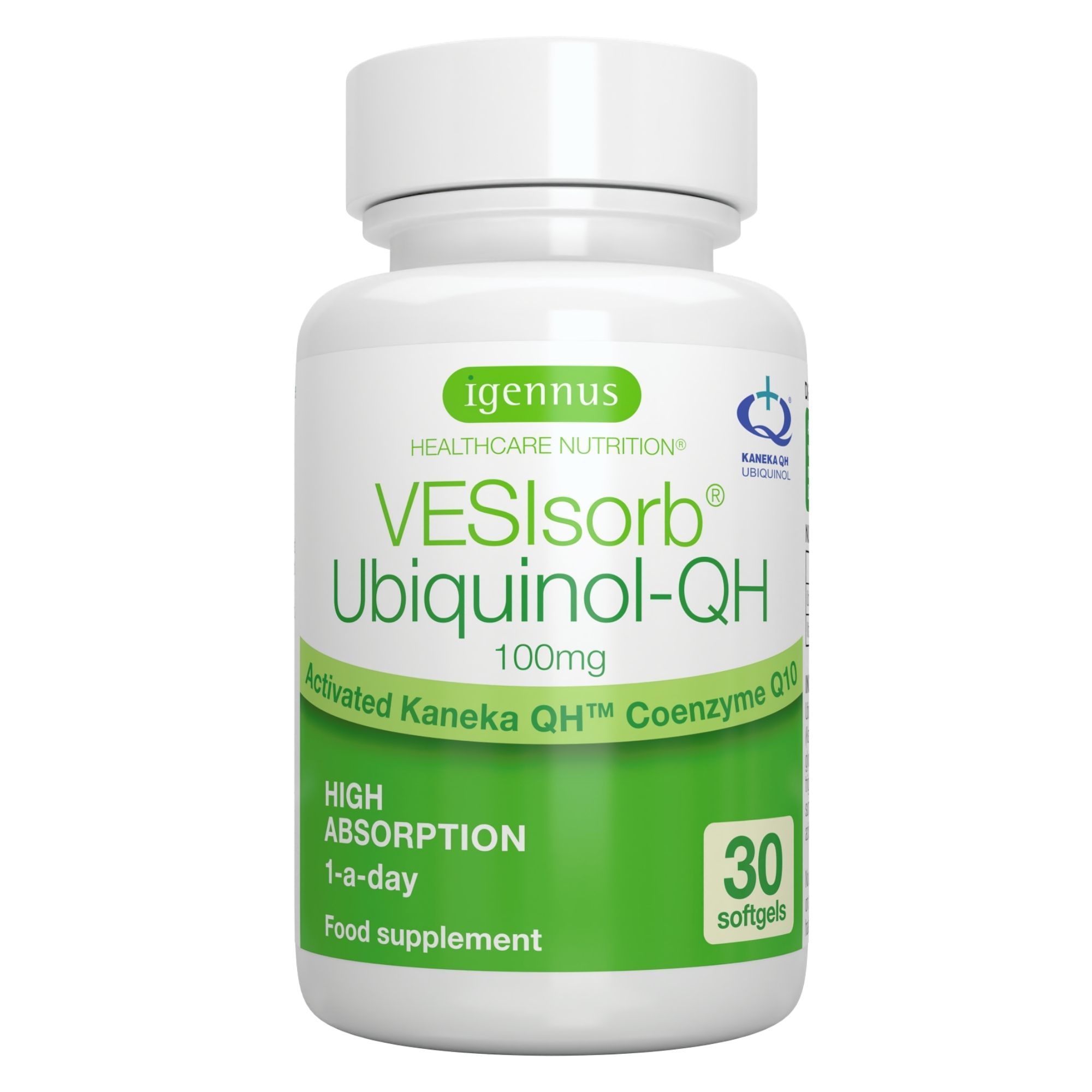 Fles met 30 Ubiquinol-QH softgels, 100mg, hoge absorptie.