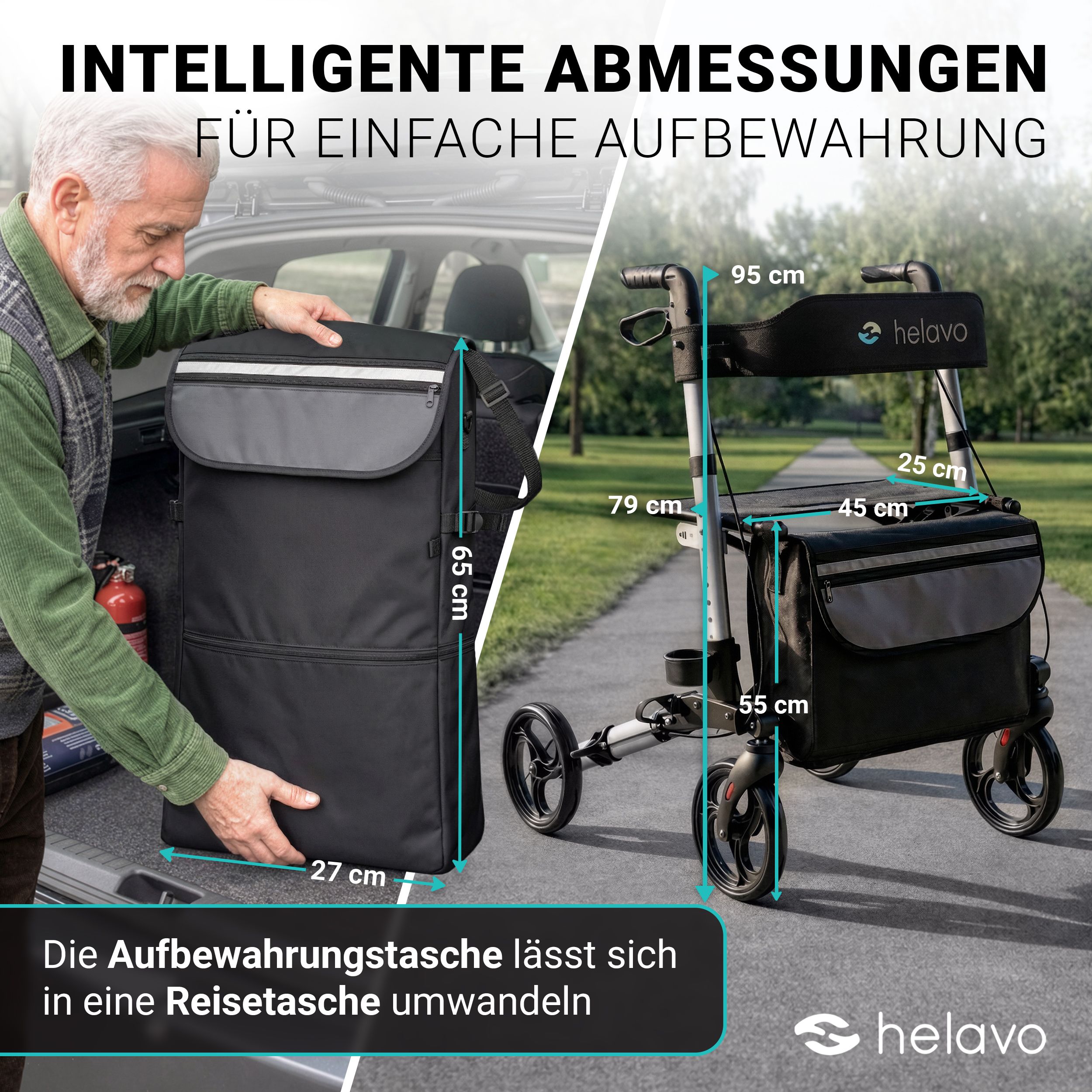 Homme rangeant un rollator pliable (65x27 cm) dans un sac de voyage dans un coffre.