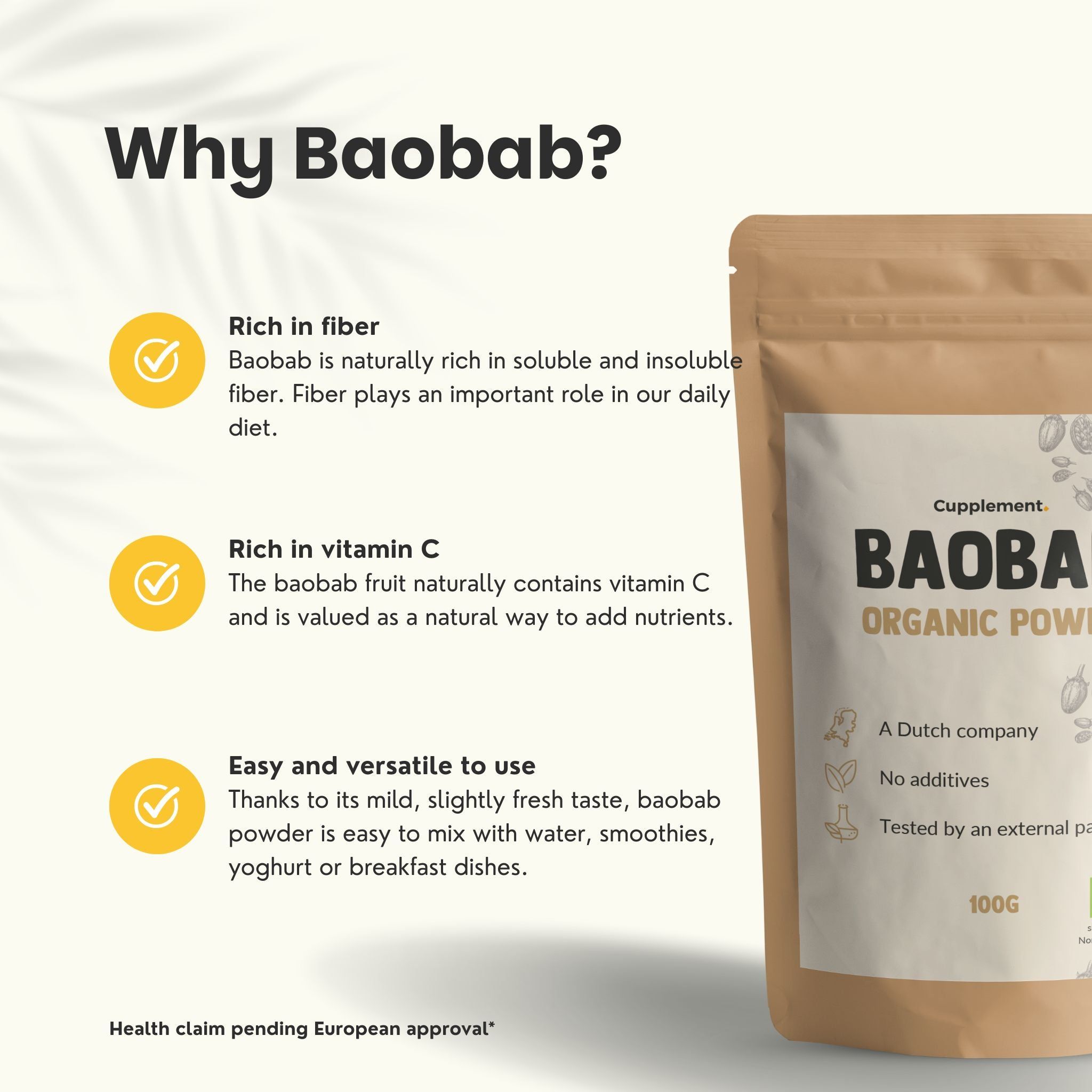 Sachet de poudre de baobab. Texte: Pourquoi le baobab ? Riche en vitamine C. Facile et polyvalent.