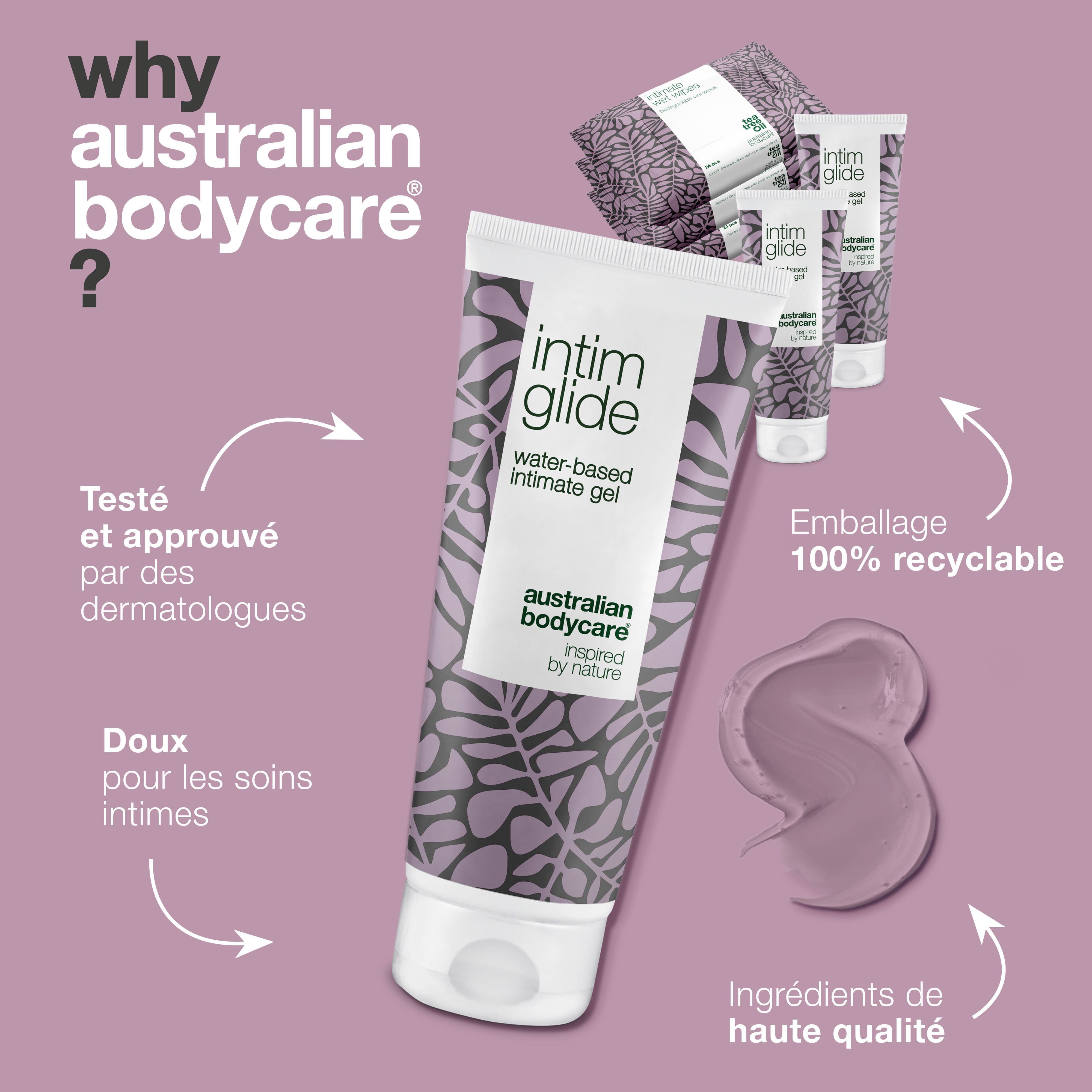 Graphique : Pourquoi australian bodycare ? Gel intime. Texte : Testé, doux, ingrédients de haute qualité, recyclable.