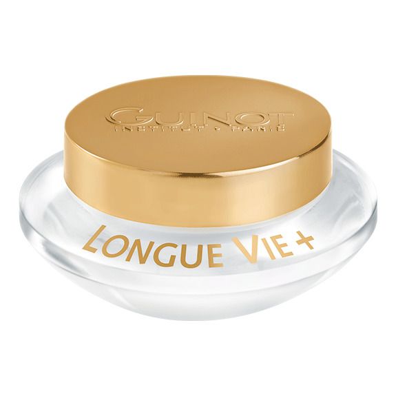 Crèmepot met gouden deksel. "GUINOT" op deksel. "LONGUE VIE+" op het glas.