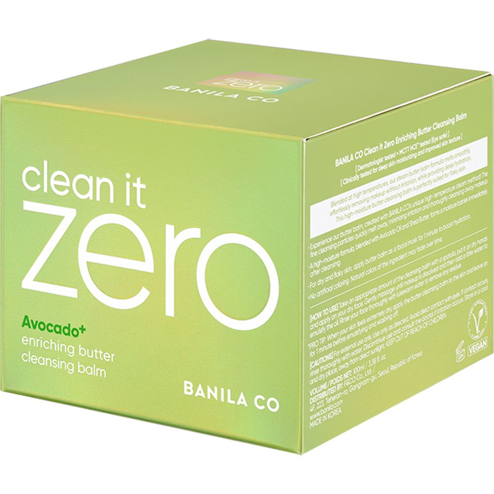 Groene kartonnen doos voor "Clean It Zero Avocado+ Enriching Butter Cleansing Balm".