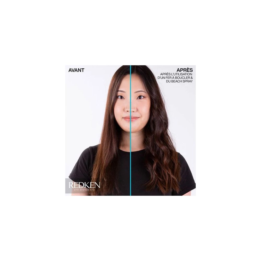 Visage divisé, cheveux lisses à gauche, ondulés à droite. Texte: Redken, Avant, Après. Texte: Après l'utilisation d'un boucler & du beach spray.