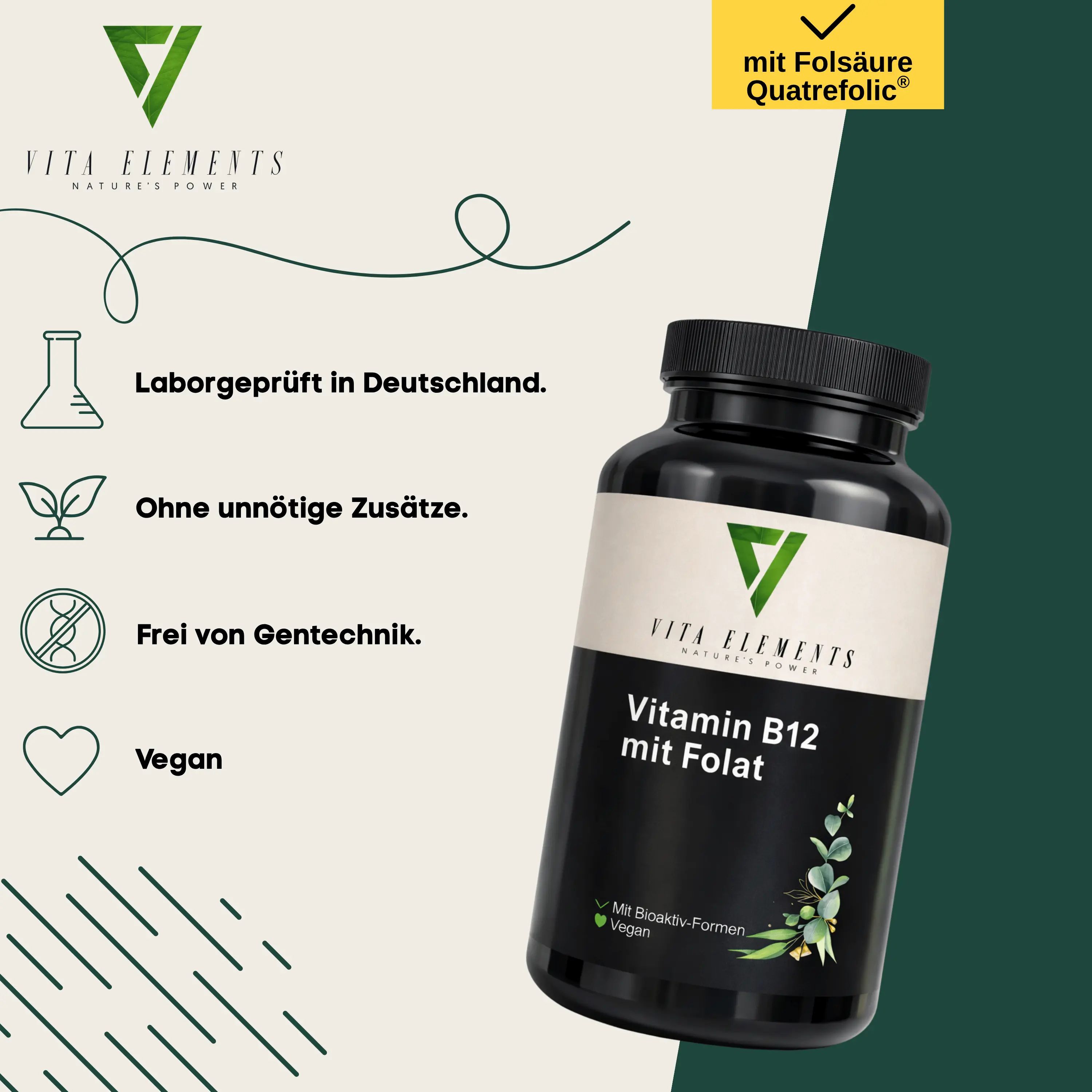 Fles Vita Elements Vitamine B12 met Folate, met iconen voor laboratoriumtest, vegan en GGO-vrij.