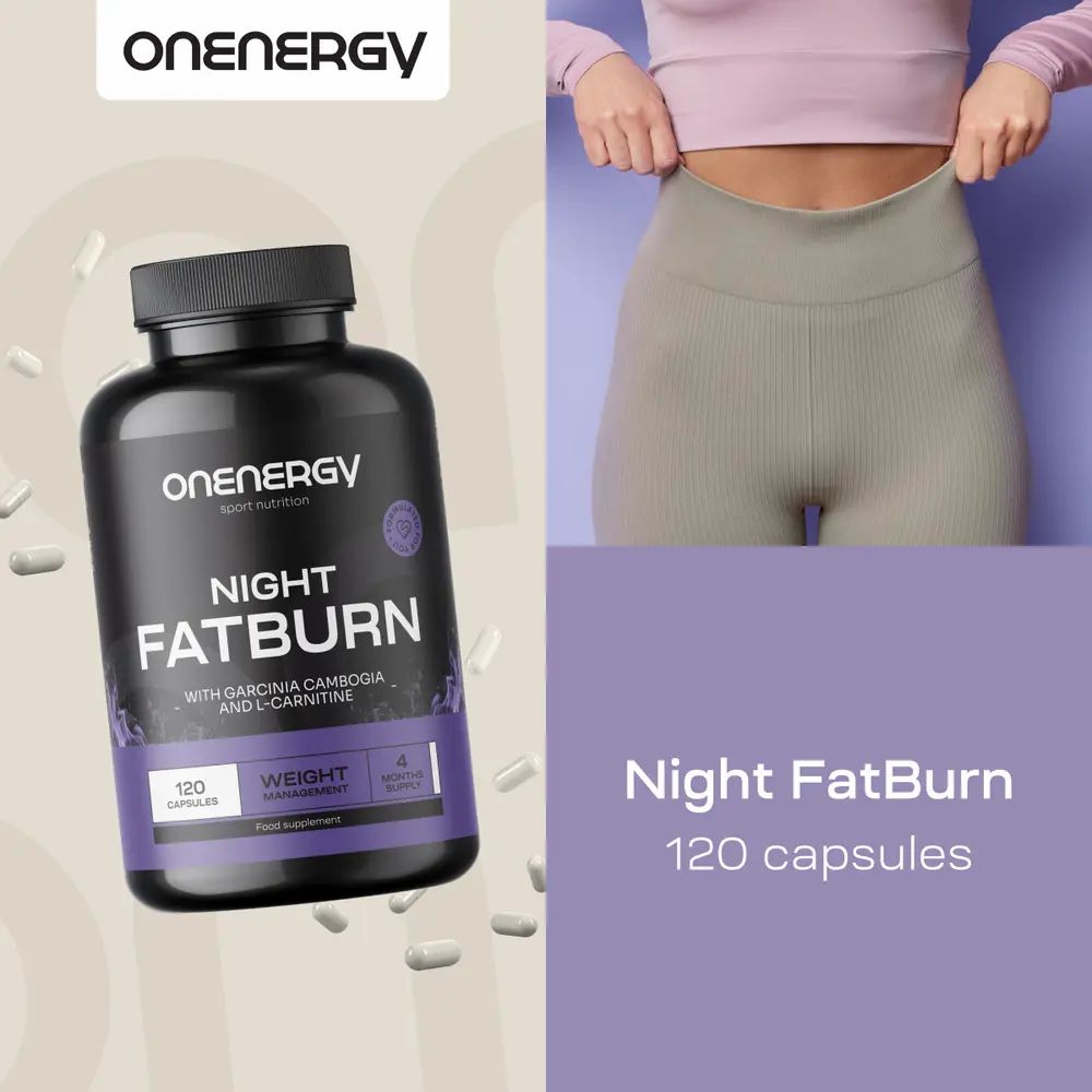 Vrouw in sportkleding. Fles Night FatBurn. Tekst: Night FatBurn. 8 actieve stoffen in 1 capsule.