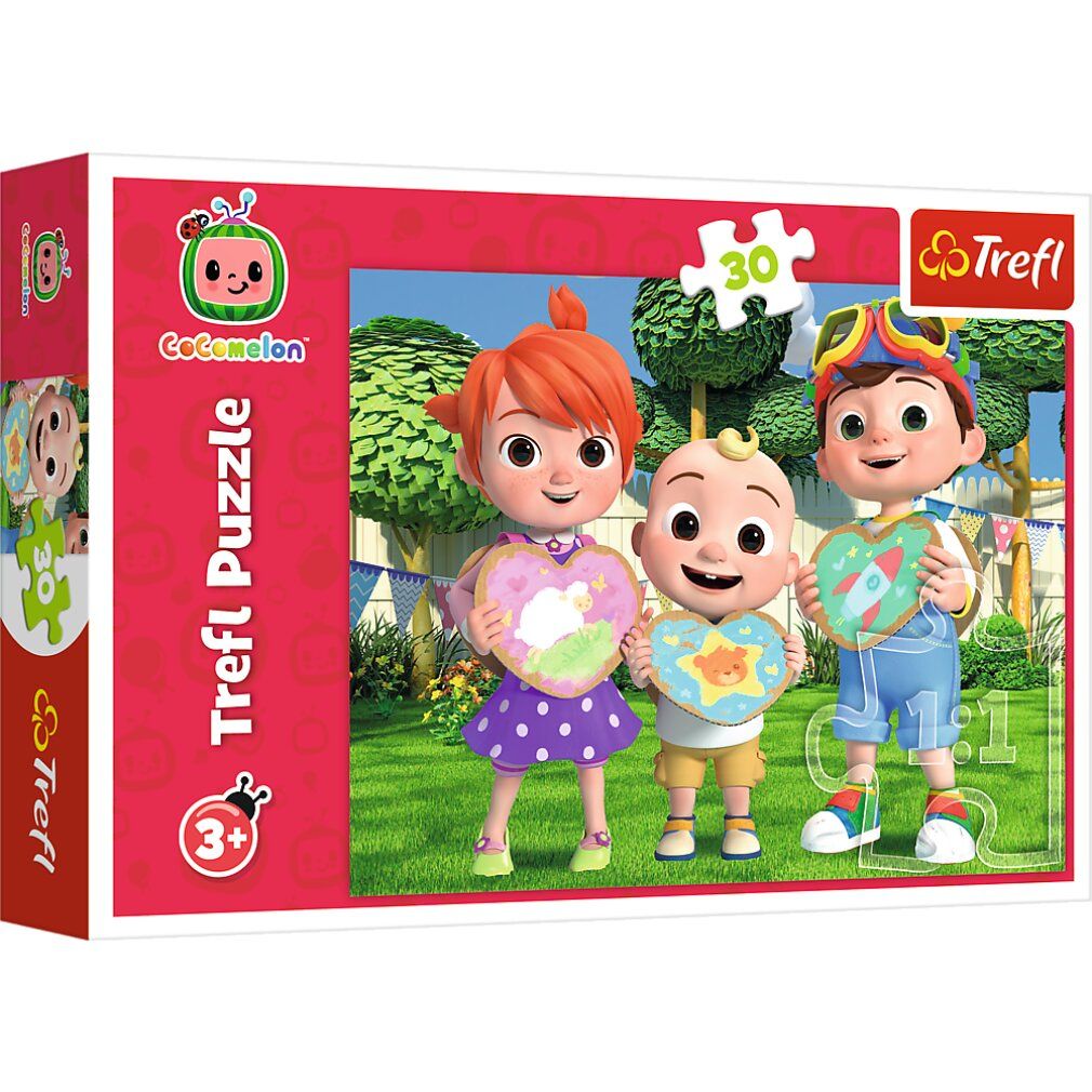 Trefl Puzzel Cocomelon: Giochiamo, 30 stukjes. Rode verpakking met Cocomelon-personages. Trefl-logo en leeftijdsadvies 3+.