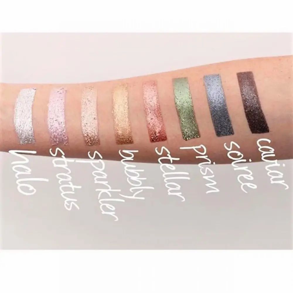 Arm met 9 oogschaduw-swatches. Kleuren: wit, roze, lichtroze, goud, koper, groen, blauw, donkergrijs, donkerbruin. Namen eronder.
