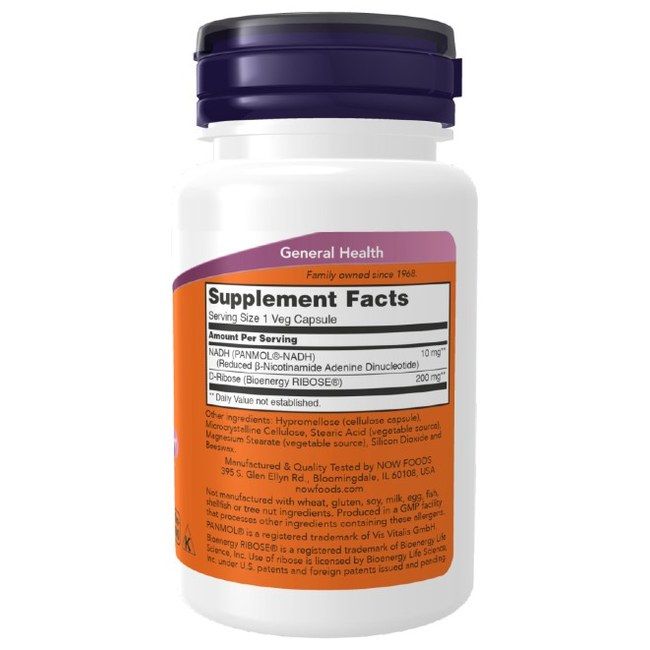 Now Foods NADH 10 mg Supplement Facts: 60 capsules végétales, 10 mg NADH, 200 mg D-Ribose.