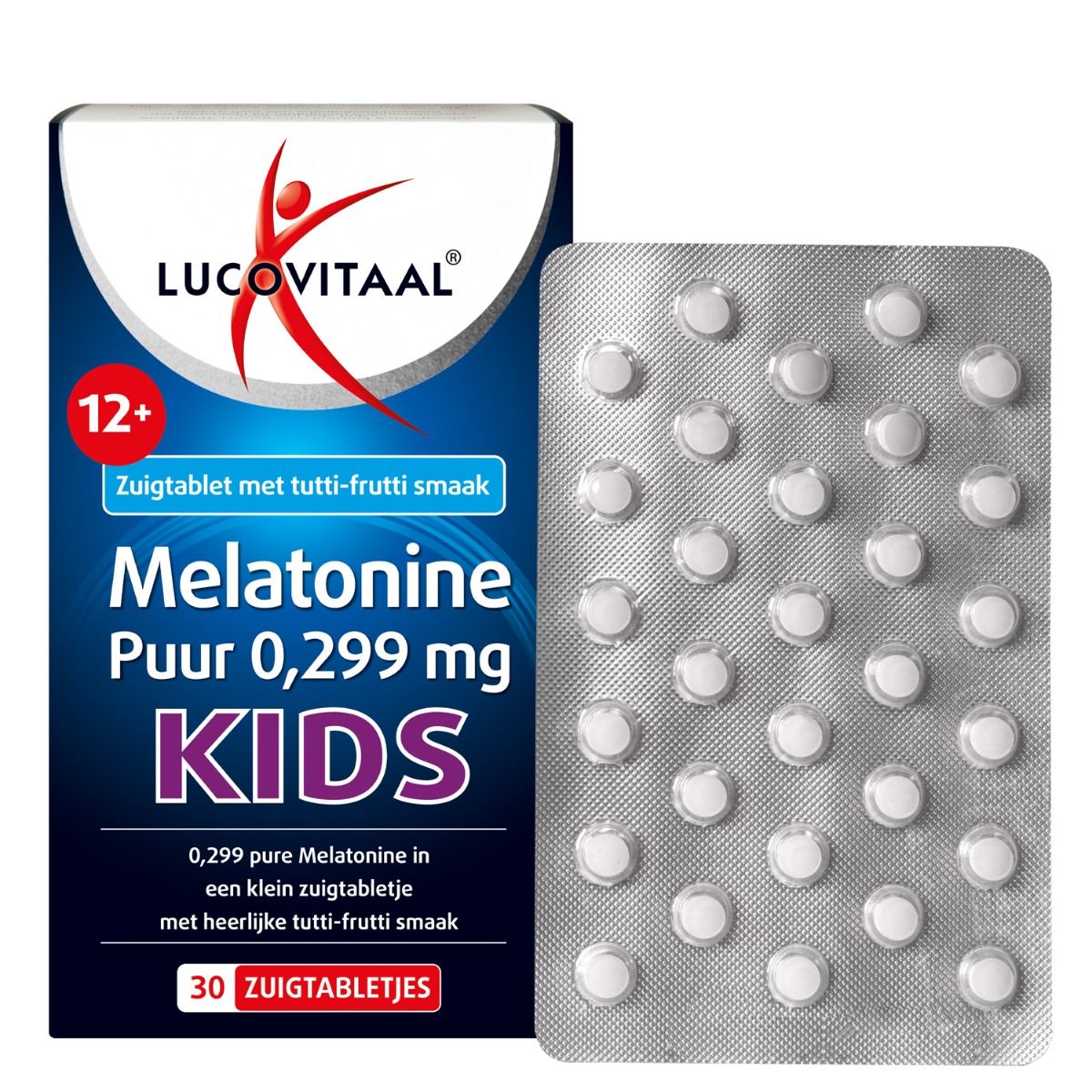 Verpakking en blister van Lucovitaal Melatonine Enfants. Blauwe doos en tabletten.