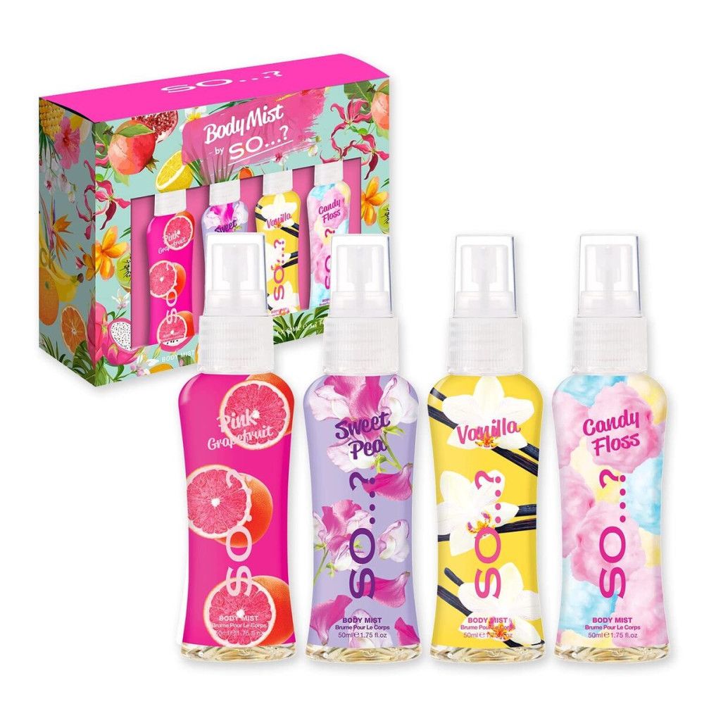 Coffret cadeau avec quatre brumes corporelles. Bouteilles colorées avec différents parfums. Emballage floral, nom du produit visible.