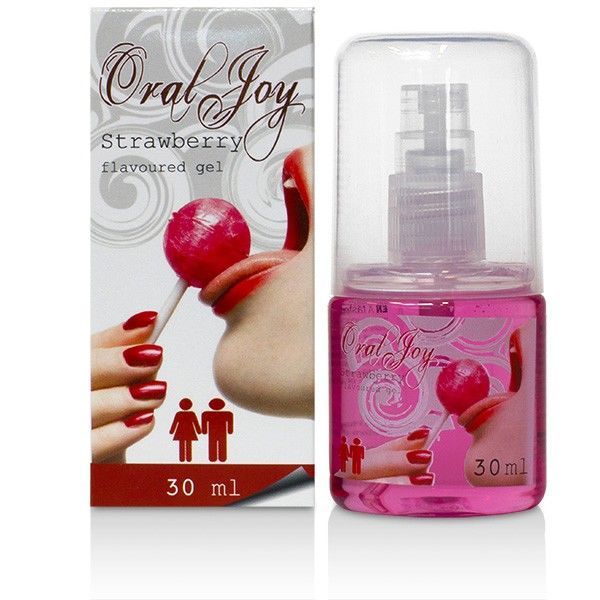 Oral Joy Aardbeien-gel in een 30ml flesje met pompdispenser en verpakking.