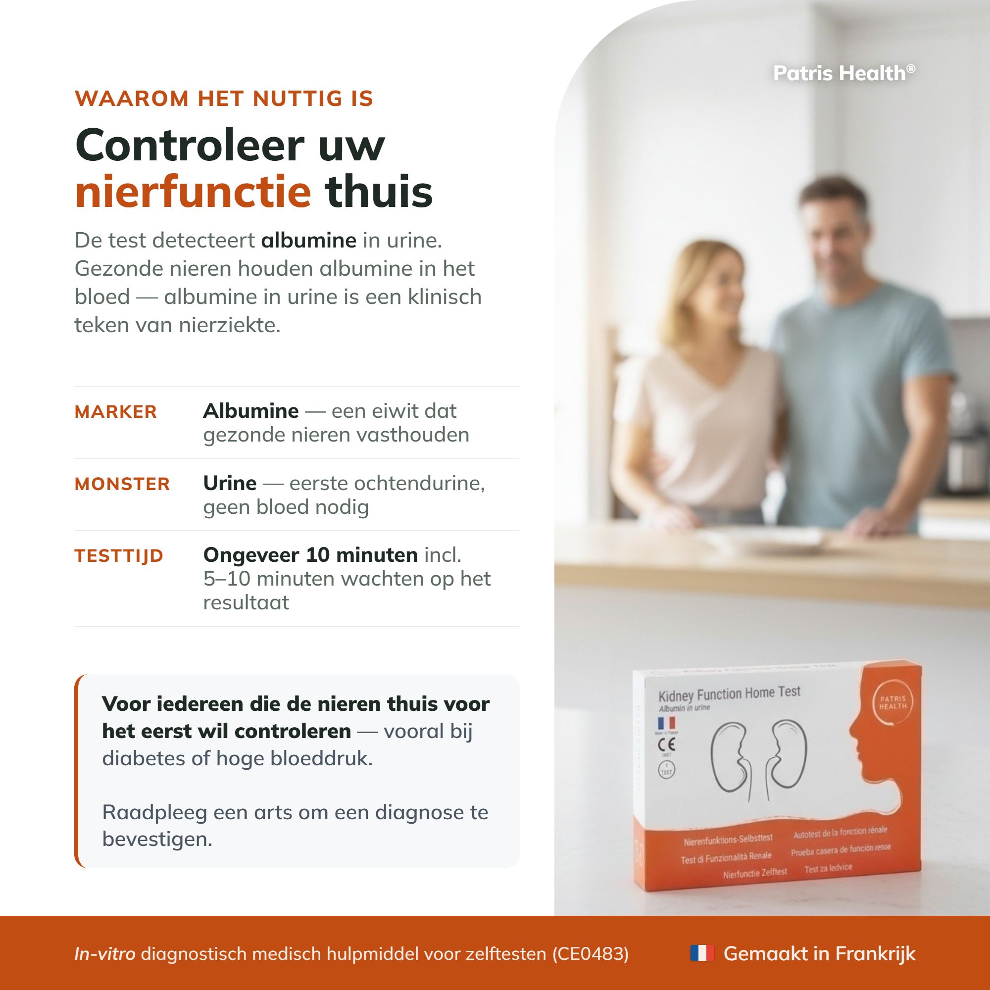 Verpakking nierfunctietest met informatie over gebruik en herkomst.