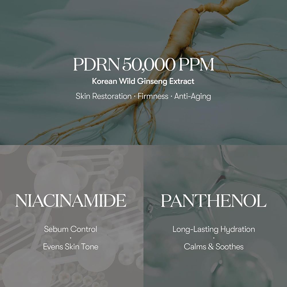 Texte avec PDRN 50 000 PPM, extrait de ginseng sauvage coréen, niacinamide et panthénol.